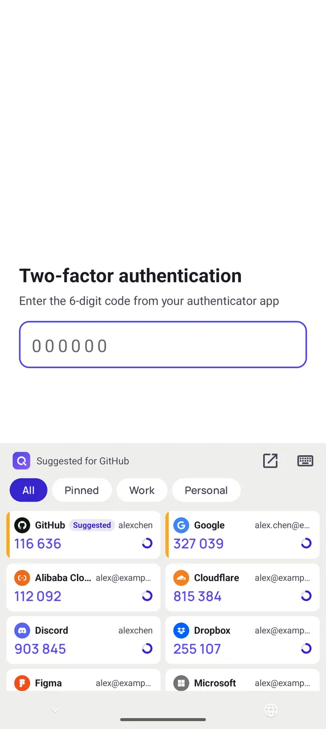 The Cue keyboard on Android listing codes on a two-factor page, with GitHub marked Suggested