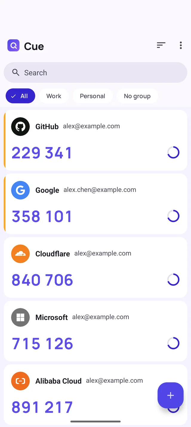 The Cue entry list: GitHub and Google pinned, followed by Cloudflare, Microsoft and Alibaba Cloud