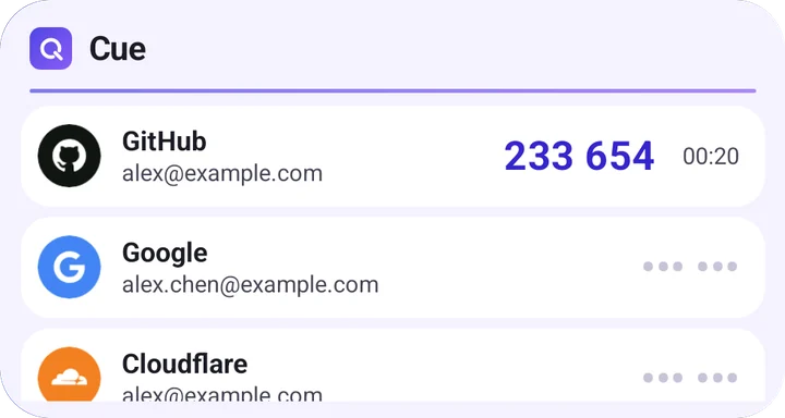 桌面上的 Cue 小组件：GitHub 的验证码已显示，Google 和 Cloudflare 的验证码隐藏