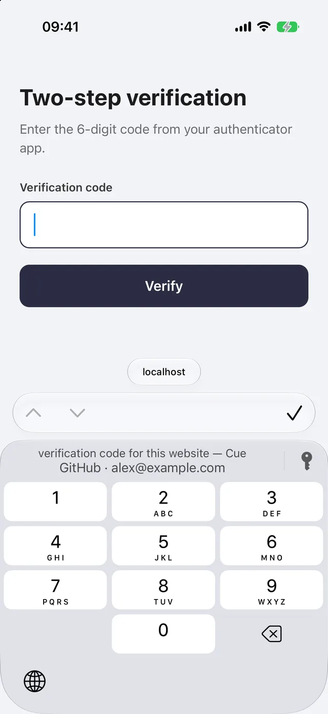 Safari on iPhone with "verification code for this website — Cue" above the keyboard