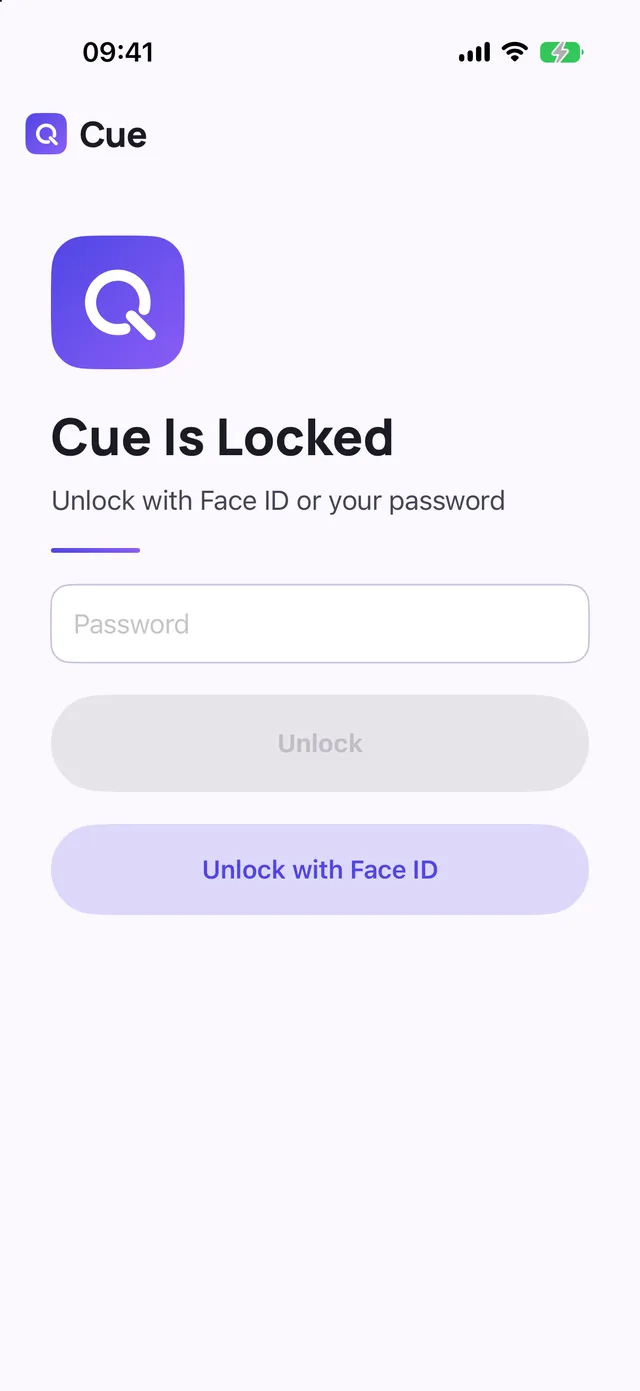 Cue locked on iPhone, unlocking with Face ID or the password